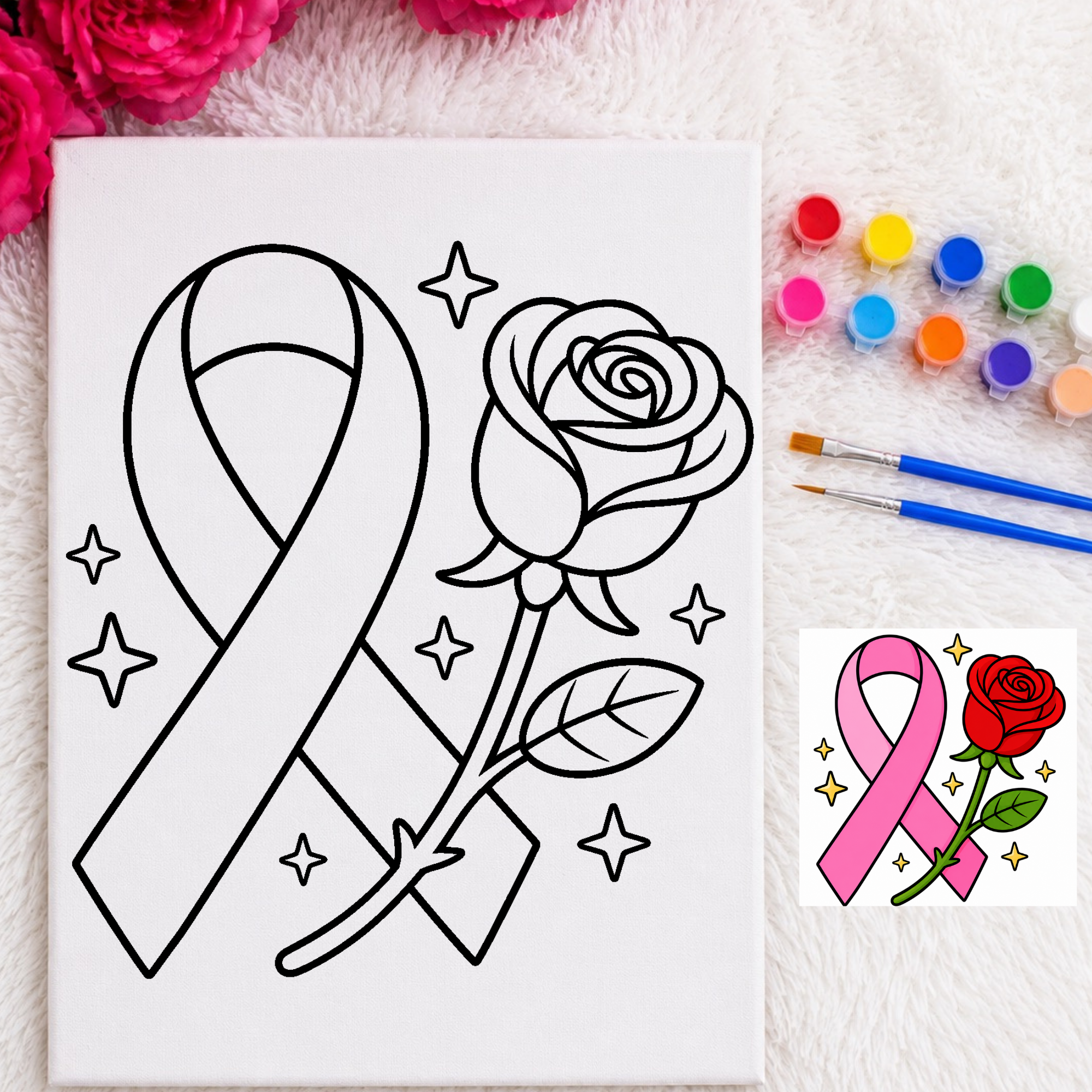 Press & Paint - Breast Cancer - Awareness - Ribbon & Rose