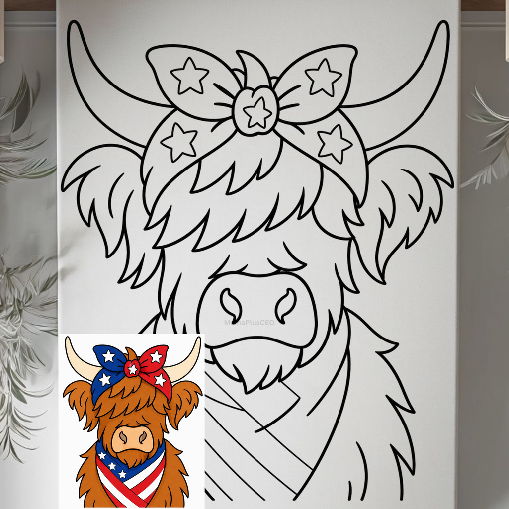 DTF Transfer Outline or Press & Paint Kit - Highland Cow - July 4th