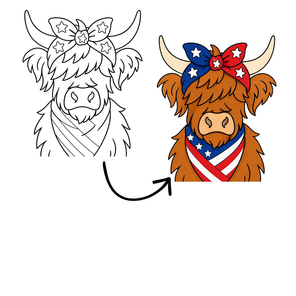 DTF Transfer Outline or Press & Paint Kit - Highland Cow - July 4th
